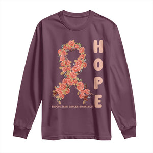 Endometrial Cancer Floral Ribbon Long Sleeve Shirt Hope Peach Ribbon Warrior