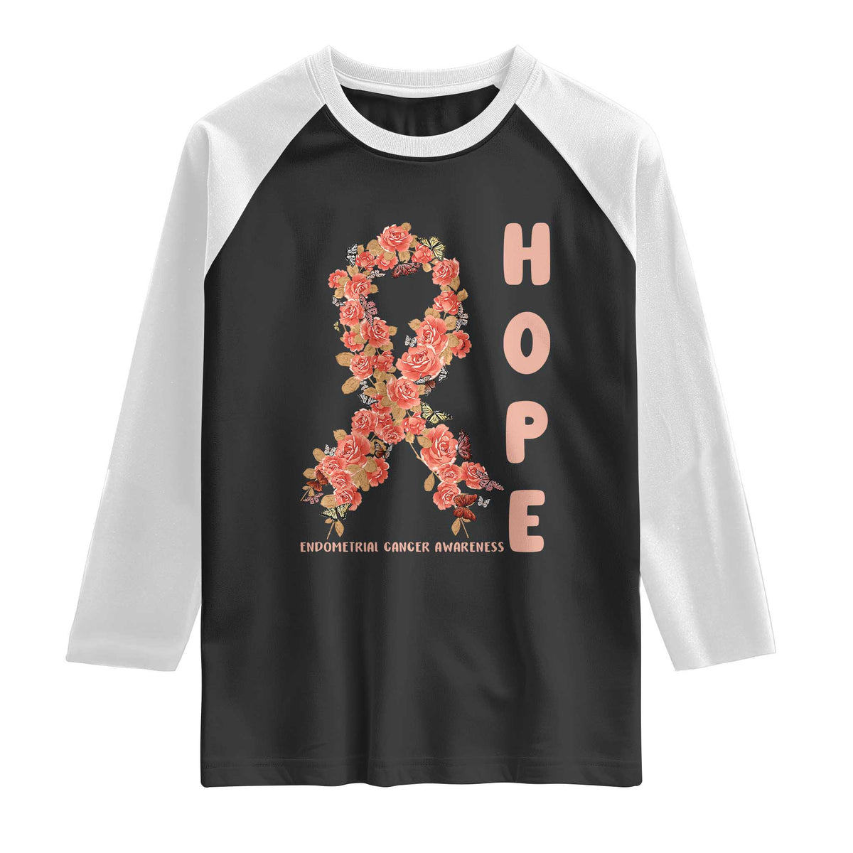 Endometrial Cancer Floral Ribbon Raglan Shirt Hope Peach Ribbon Warrior