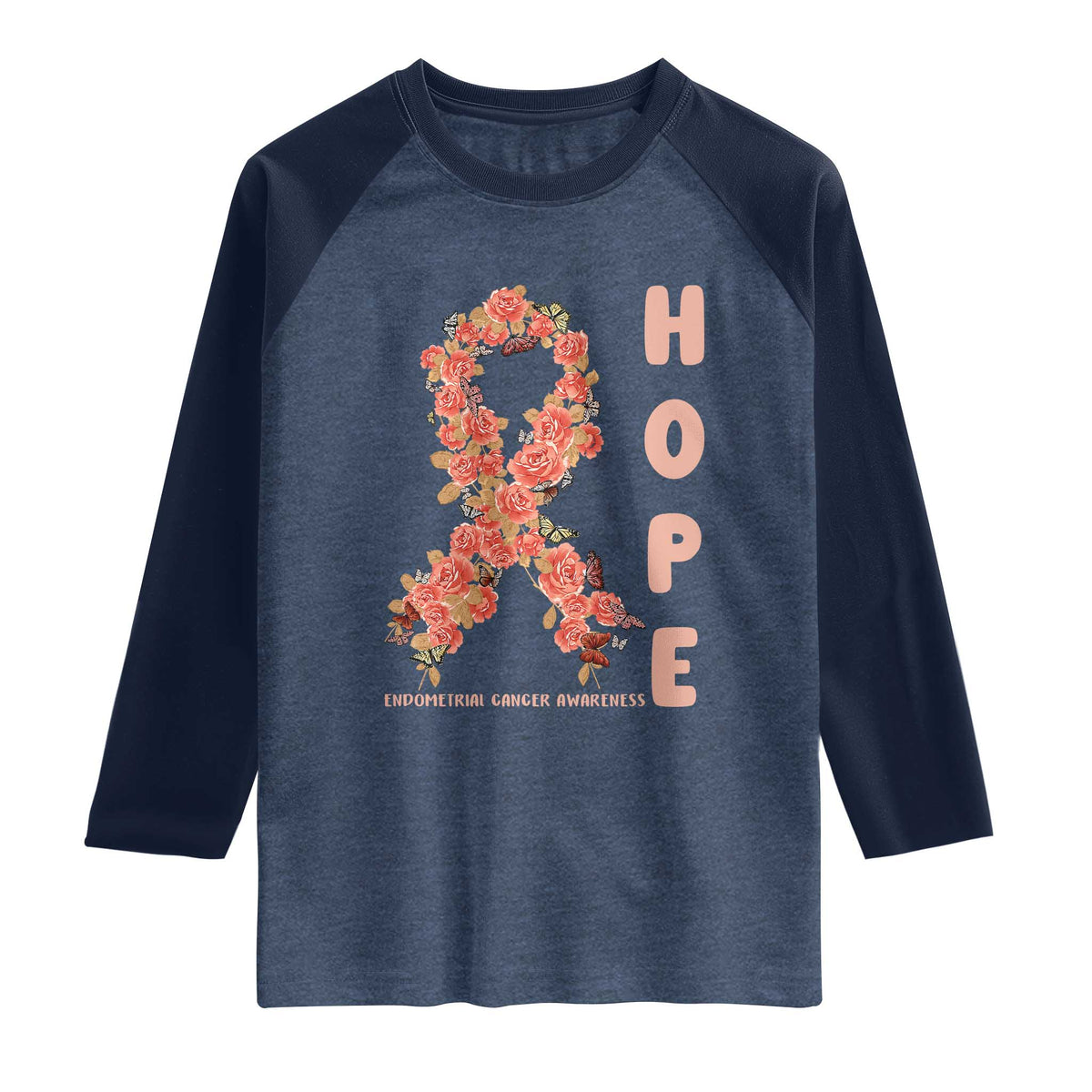 Endometrial Cancer Floral Ribbon Raglan Shirt Hope Peach Ribbon Warrior