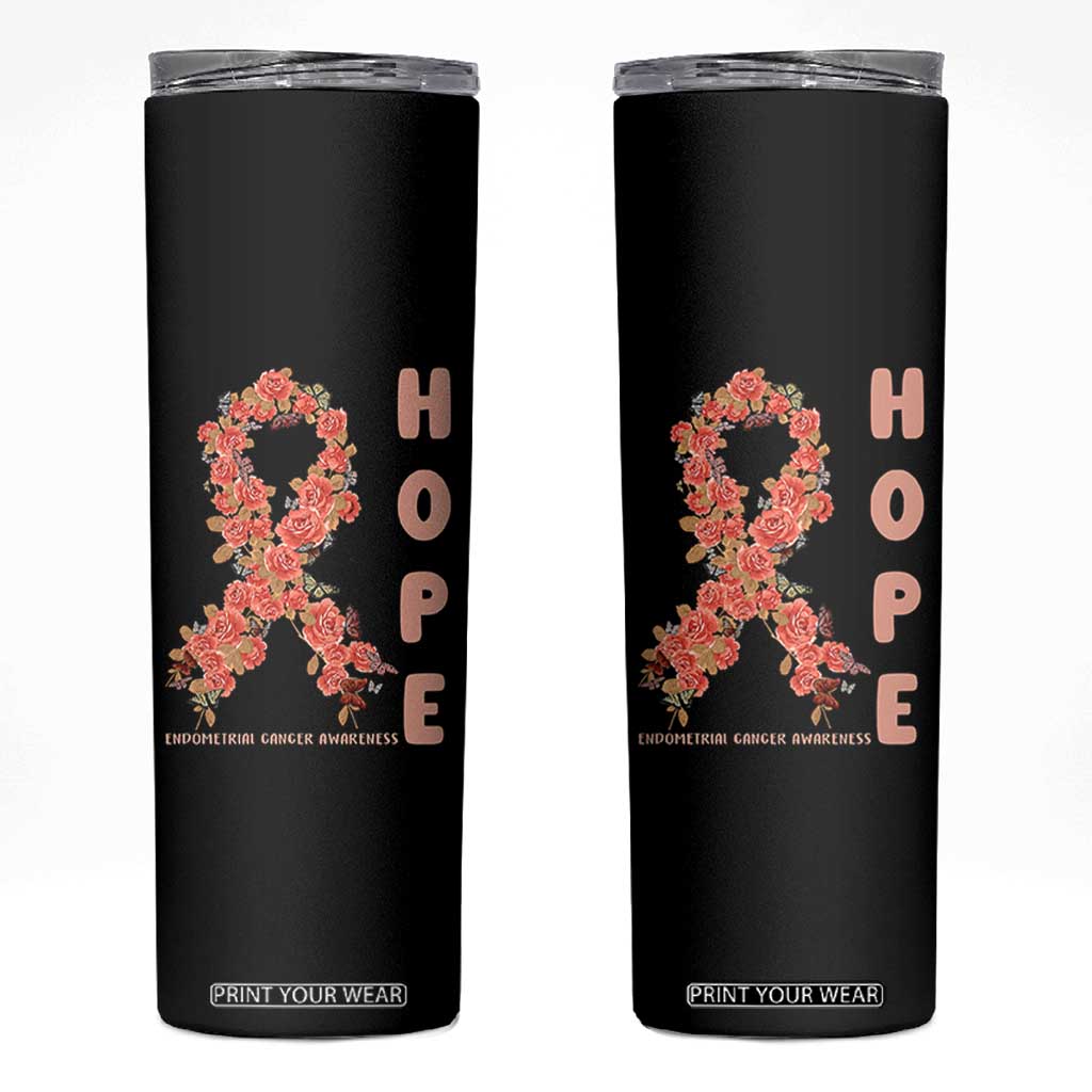 Endometrial Cancer Floral Ribbon Skinny Tumbler Hope Peach Ribbon Warrior