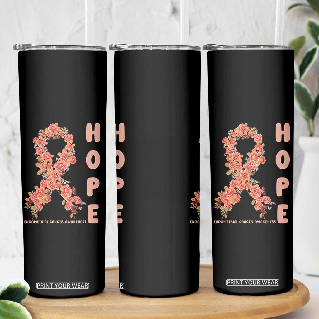 Endometrial Cancer Floral Ribbon Skinny Tumbler Hope Peach Ribbon Warrior