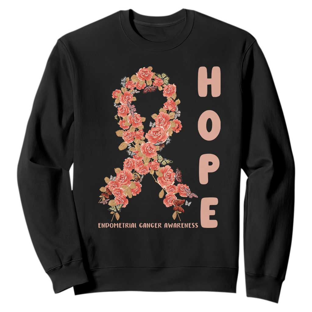 Endometrial Cancer Floral Ribbon Sweatshirt Hope Peach Ribbon Warrior TS12 Black Print Your Wear
