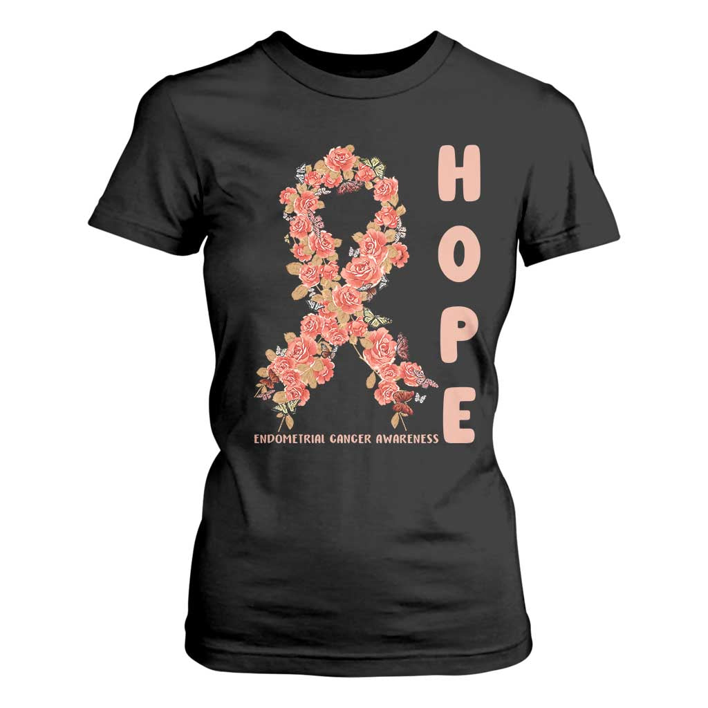 Endometrial Cancer Floral Ribbon T Shirt For Women Hope Peach Ribbon Warrior TS12 Black Print Your Wear