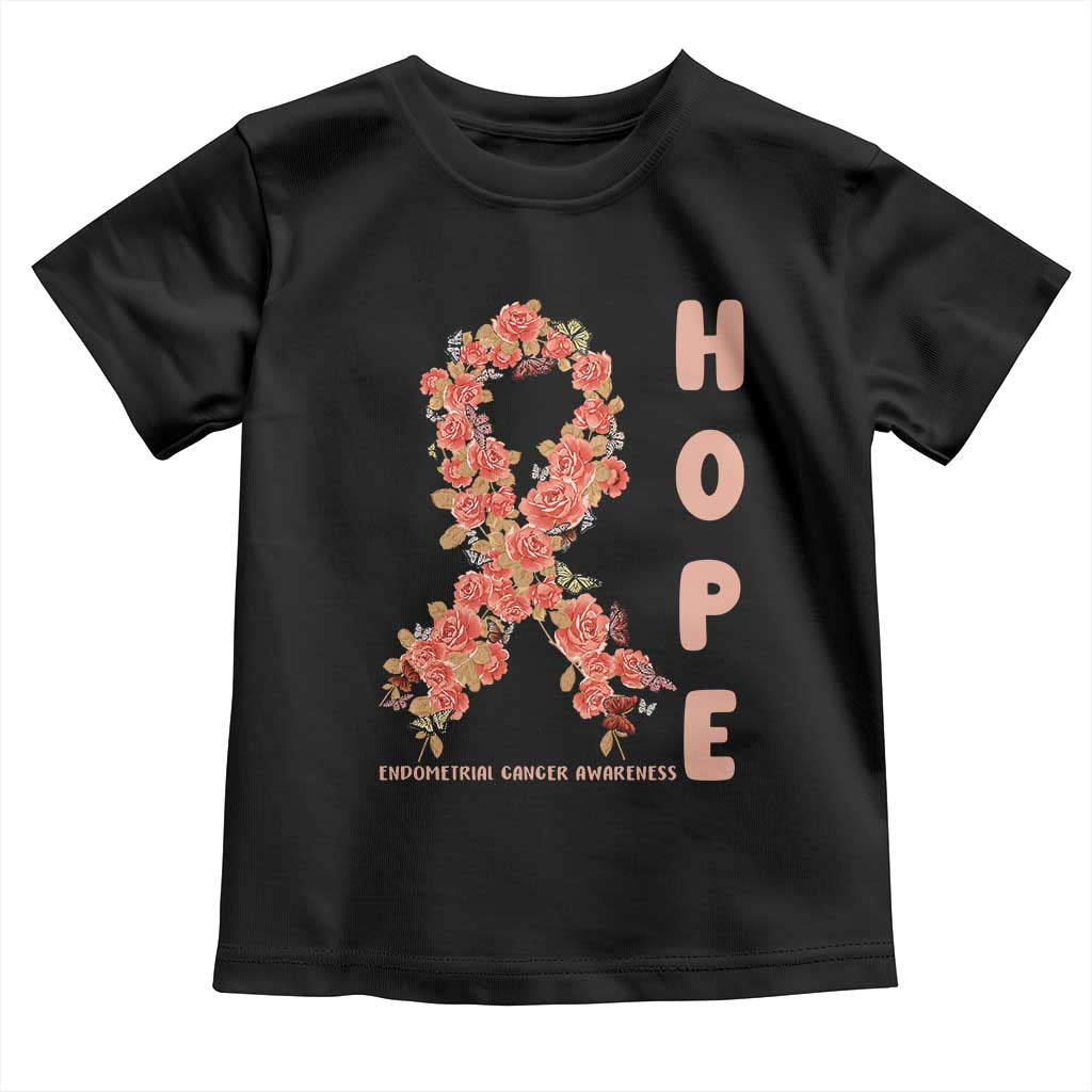 Endometrial Cancer Floral Ribbon Toddler T Shirt Hope Peach Ribbon Warrior