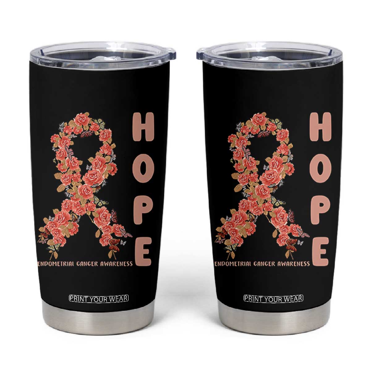 Endometrial Cancer Floral Ribbon Tumbler Cup Hope Peach Ribbon Warrior