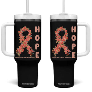 Endometrial Cancer Floral Ribbon Tumbler With Handle Hope Peach Ribbon Warrior