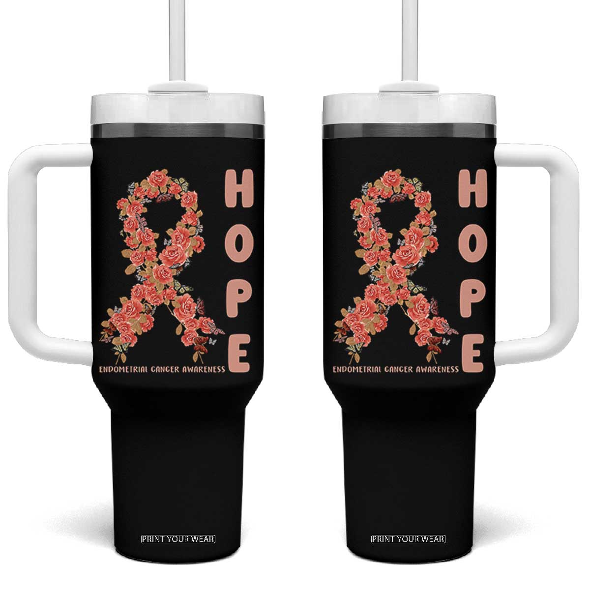 Endometrial Cancer Floral Ribbon Tumbler With Handle Hope Peach Ribbon Warrior TS12 One Size: 40 oz Black Print Your Wear
