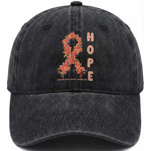 Endometrial Cancer Floral Ribbon Washed Cotton Baseball Cap Hope Peach Ribbon Warrior