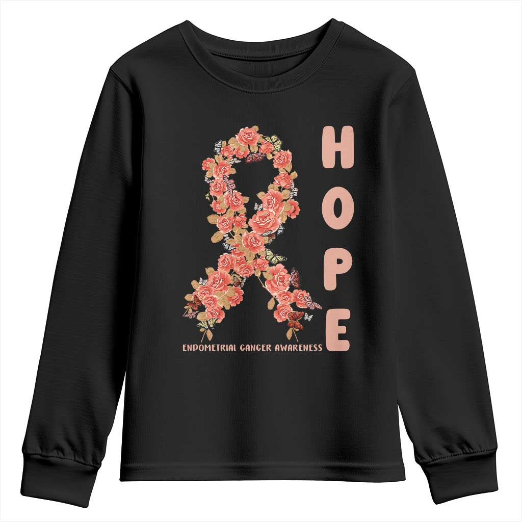 Endometrial Cancer Floral Ribbon Youth Sweatshirt Hope Peach Ribbon Warrior TS12 Black Print Your Wear