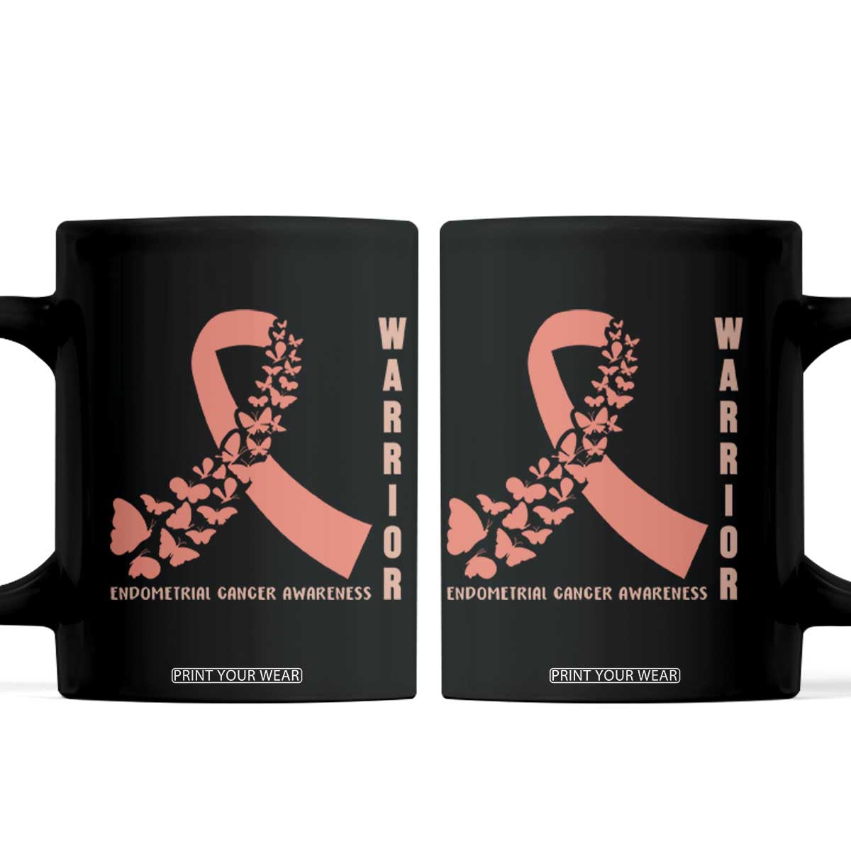 Endometrial Cancer Warrior Fighter Butterfly Coffee Mug Peach Ribbon Hope