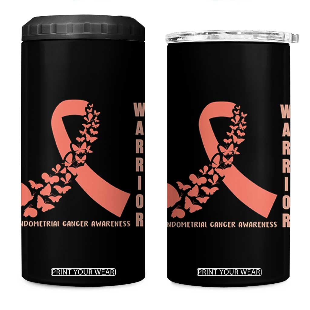 Endometrial Cancer Warrior Fighter Butterfly 4 in 1 Can Cooler Tumbler Peach Ribbon Hope