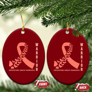 Endometrial Cancer Warrior Fighter Butterfly Ceramic Ornament Peach Ribbon Hope
