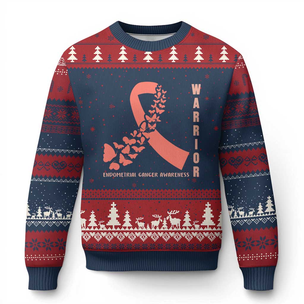 Endometrial Cancer Warrior Fighter Butterfly Ugly Christmas Sweater Peach Ribbon Hope
