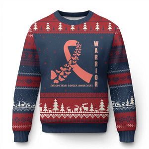 Endometrial Cancer Warrior Fighter Butterfly Ugly Christmas Sweater Peach Ribbon Hope