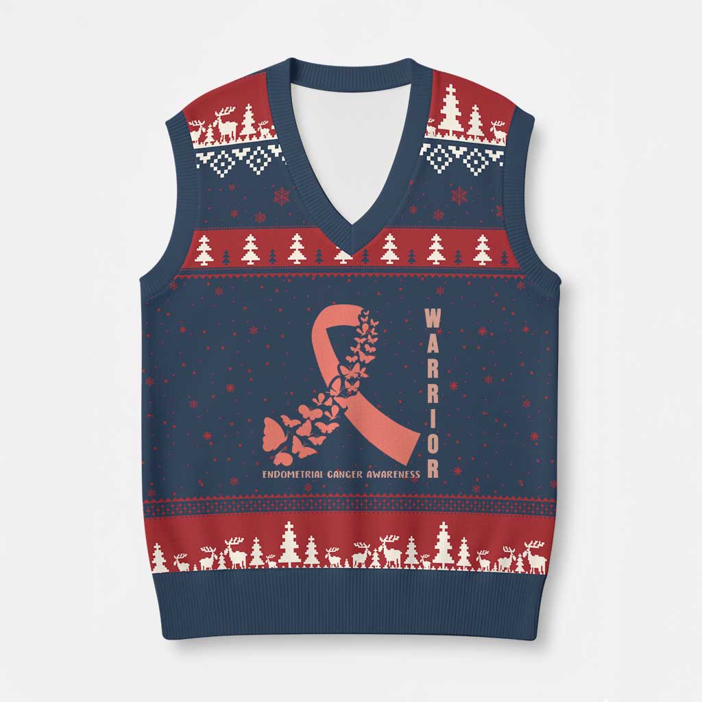 Endometrial Cancer Warrior Fighter Butterfly V-Neck Knit Sweater Vest Peach Ribbon Hope