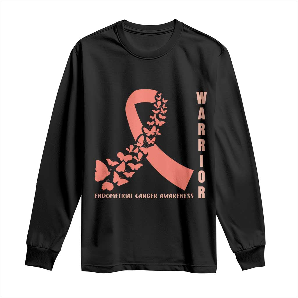 Endometrial Cancer Warrior Fighter Butterfly Long Sleeve Shirt Peach Ribbon Hope