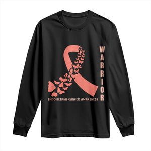 Endometrial Cancer Warrior Fighter Butterfly Long Sleeve Shirt Peach Ribbon Hope