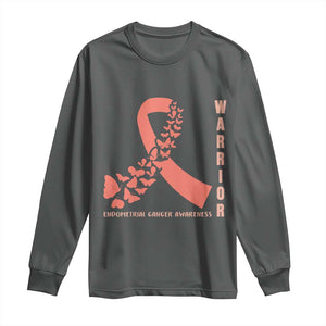 Endometrial Cancer Warrior Fighter Butterfly Long Sleeve Shirt Peach Ribbon Hope