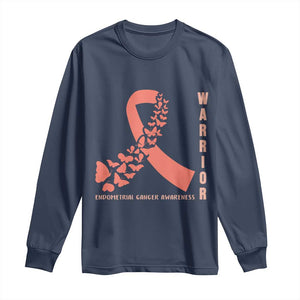 Endometrial Cancer Warrior Fighter Butterfly Long Sleeve Shirt Peach Ribbon Hope