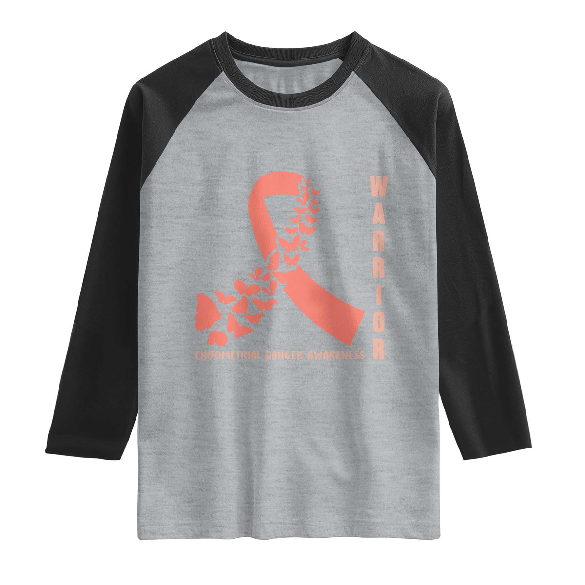 Endometrial Cancer Warrior Fighter Butterfly Raglan Shirt Peach Ribbon Hope