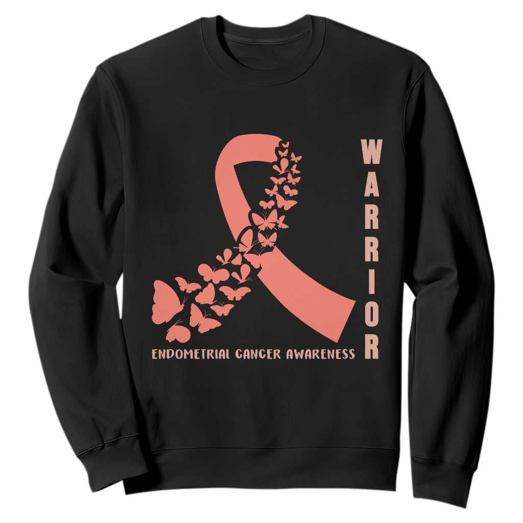 Endometrial Cancer Warrior Fighter Butterfly Sweatshirt Peach Ribbon Hope TS12 Black Print Your Wear
