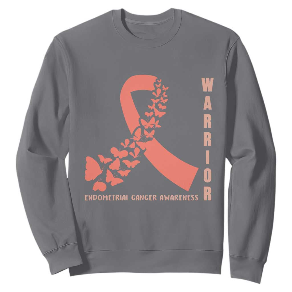 Endometrial Cancer Warrior Fighter Butterfly Sweatshirt Peach Ribbon Hope