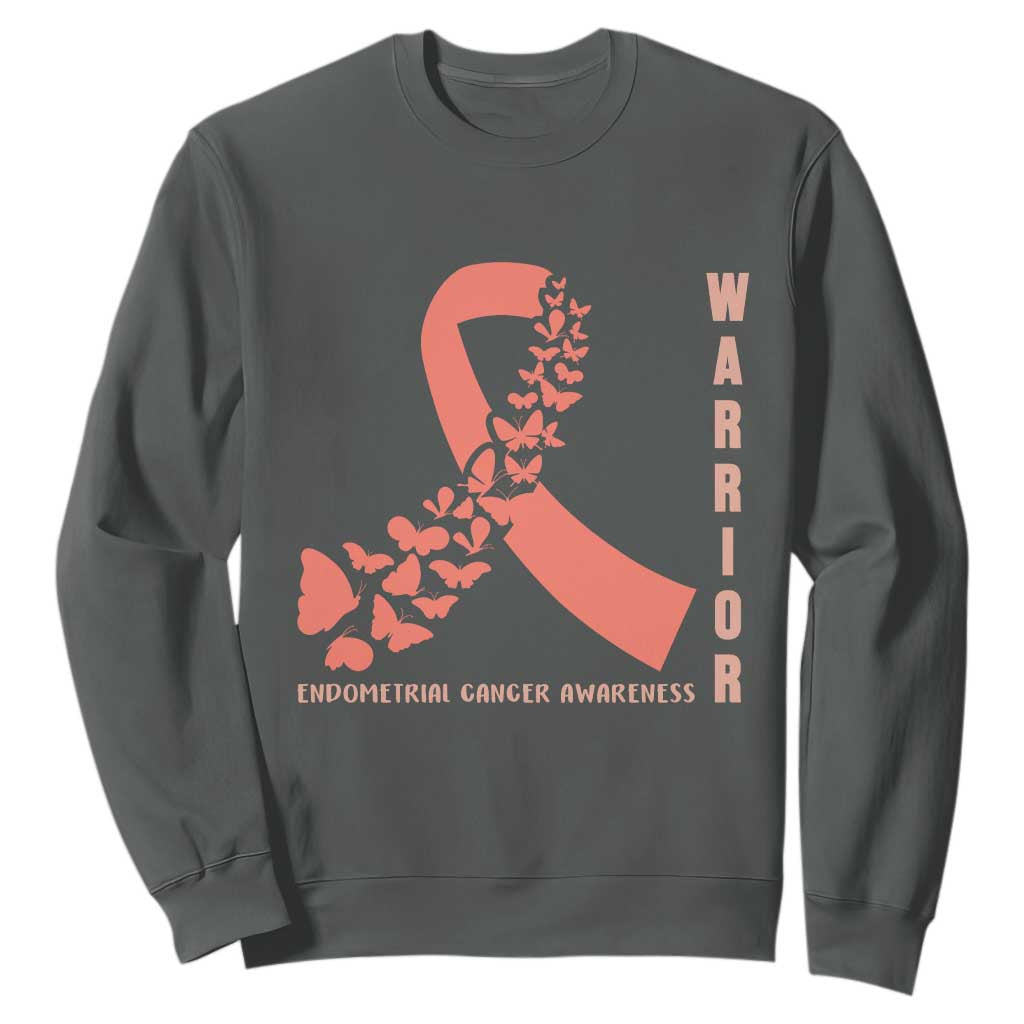 Endometrial Cancer Warrior Fighter Butterfly Sweatshirt Peach Ribbon Hope