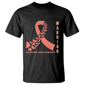 Endometrial Cancer Warrior Fighter Butterfly T Shirt Peach Ribbon Hope