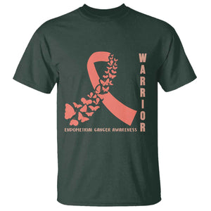 Endometrial Cancer Warrior Fighter Butterfly T Shirt Peach Ribbon Hope