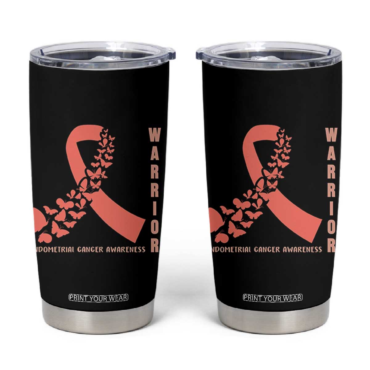 Endometrial Cancer Warrior Fighter Butterfly Tumbler Cup Peach Ribbon Hope TS12 Black Print Your Wear