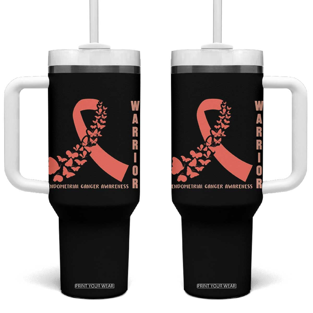 Endometrial Cancer Warrior Fighter Butterfly Tumbler With Handle Peach Ribbon Hope