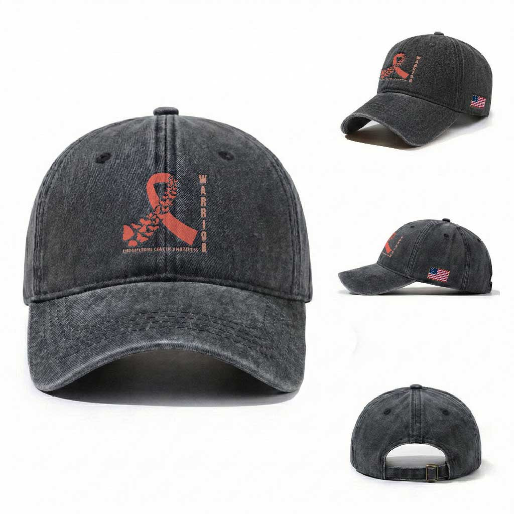 Endometrial Cancer Warrior Fighter Butterfly Washed Cotton Baseball Cap Peach Ribbon Hope