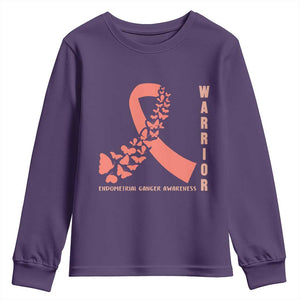 Endometrial Cancer Warrior Fighter Butterfly Youth Sweatshirt Peach Ribbon Hope