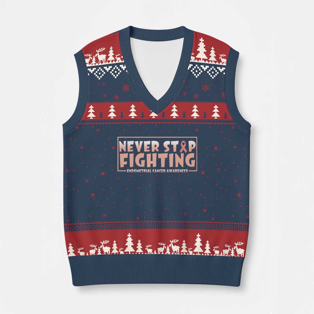 Endometrial Cancer Fighter V-Neck Knit Sweater Vest Never Stop Fighting Peach Ribbon TS12 Navy Red Print Your Wear