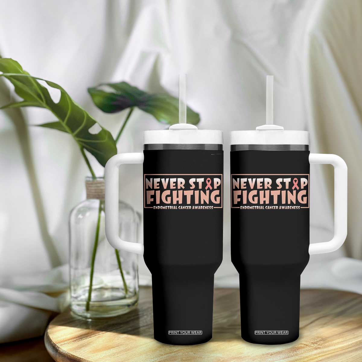 Endometrial Cancer Fighter Tumbler With Handle Never Stop Fighting Peach Ribbon
