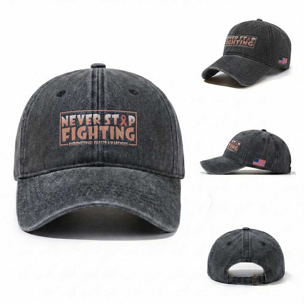 Endometrial Cancer Fighter Washed Cotton Baseball Cap Never Stop Fighting Peach Ribbon
