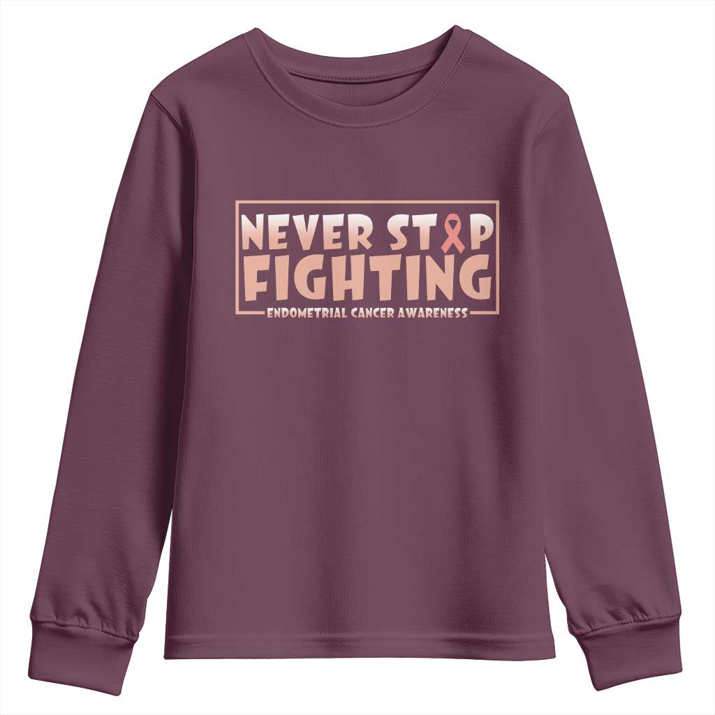 Endometrial Cancer Fighter Youth Sweatshirt Never Stop Fighting Peach Ribbon