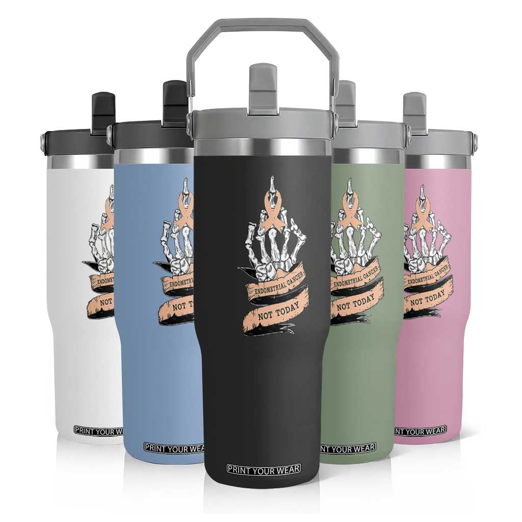 Funny Endometrial Cancer Skeleton Not Today Flip Straw Tumbler Fighter Peach Ribbon