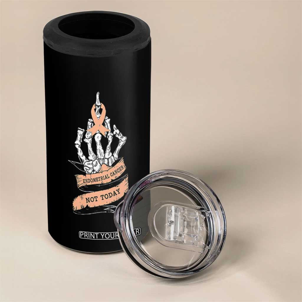 Funny Endometrial Cancer Skeleton Not Today 4 in 1 Can Cooler Tumbler Fighter Peach Ribbon