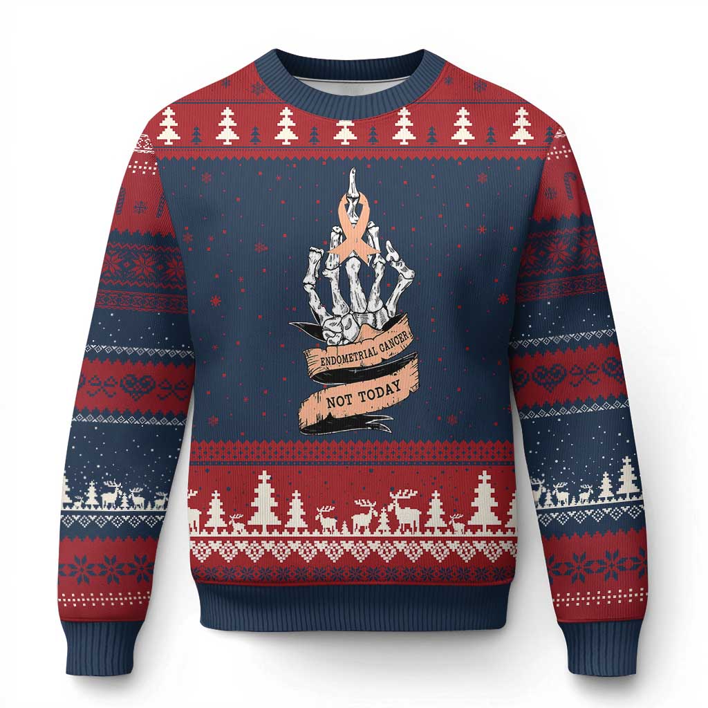 Funny Endometrial Cancer Skeleton Not Today Ugly Christmas Sweater Fighter Peach Ribbon TS12 Navy Red Print Your Wear