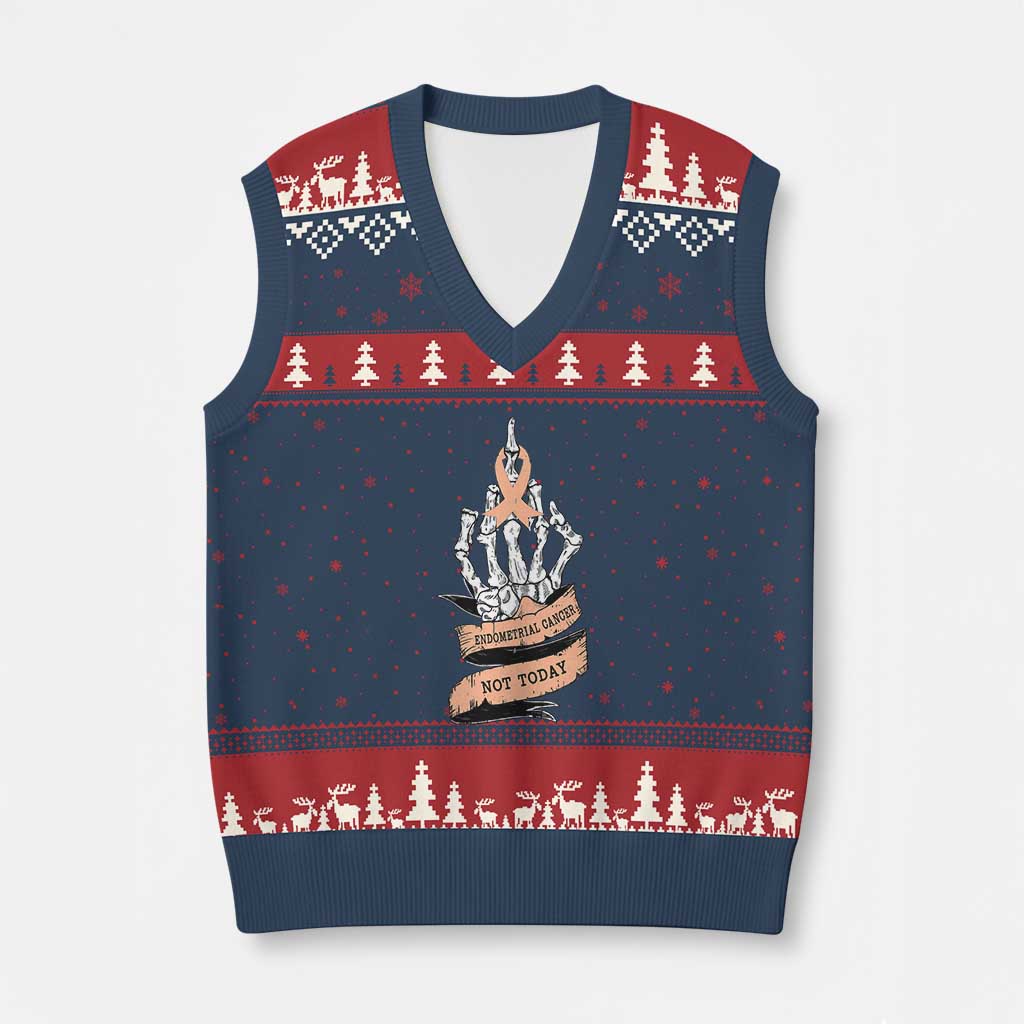 Funny Endometrial Cancer Skeleton Not Today V-Neck Knit Sweater Vest Fighter Peach Ribbon