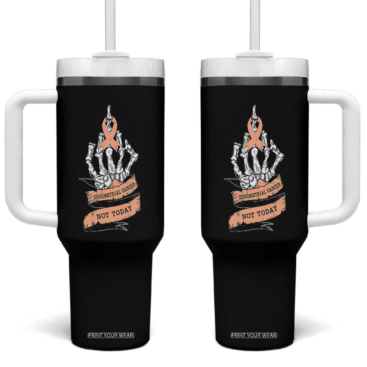Funny Endometrial Cancer Skeleton Not Today Tumbler With Handle Fighter Peach Ribbon