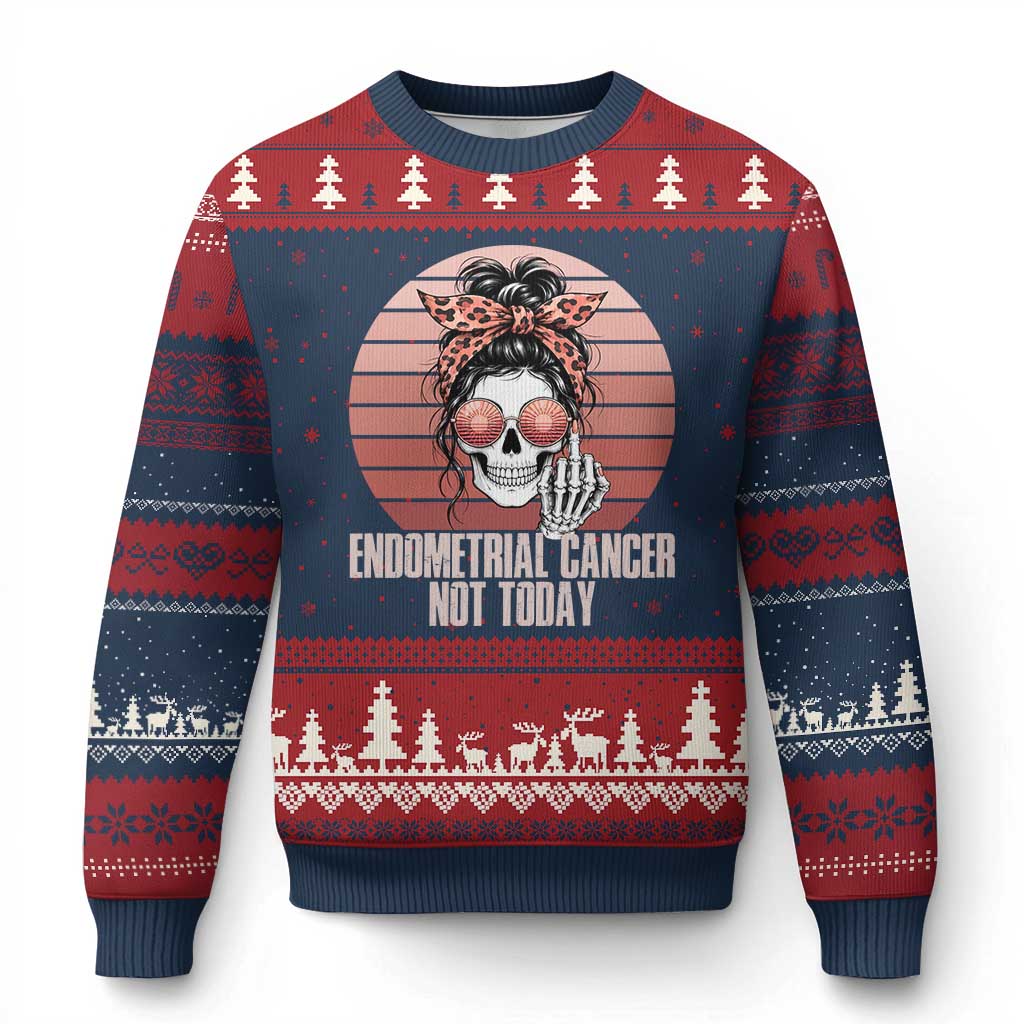 Vintage Endometrial Cancer Not Today Ugly Christmas Sweater Skeleton Warrior Fighter