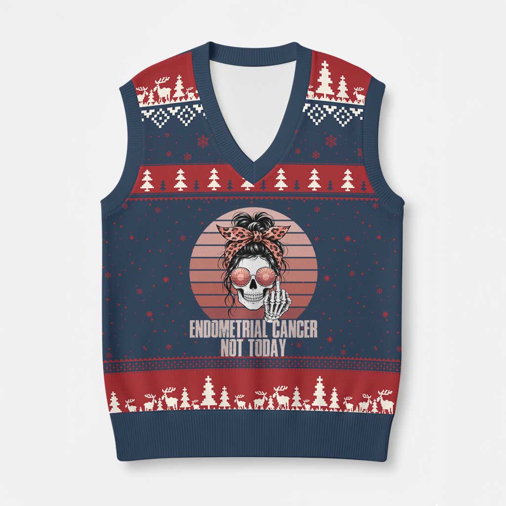 Vintage Endometrial Cancer Not Today V-Neck Knit Sweater Vest Skeleton Warrior Fighter TS12 Navy Red Print Your Wear
