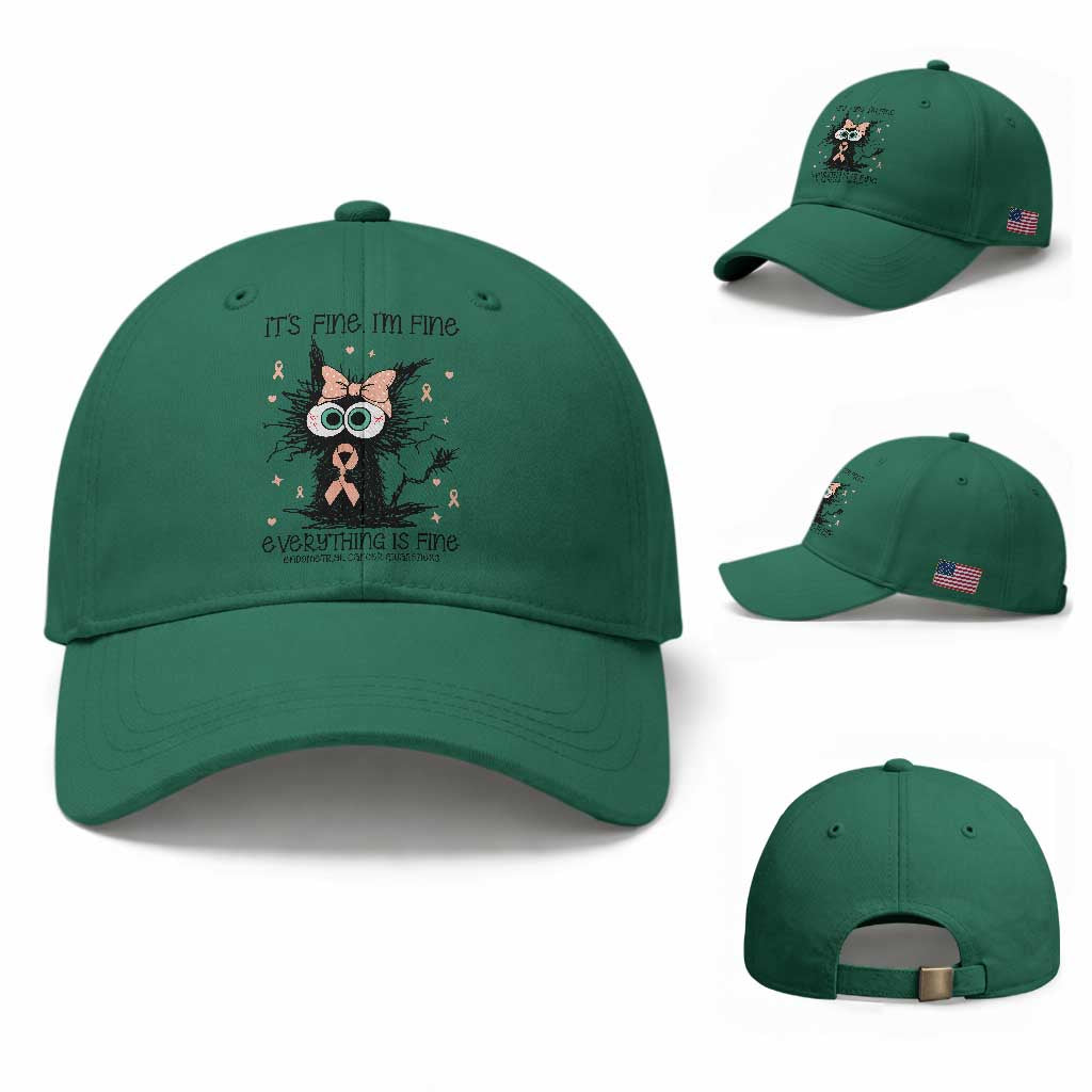 Funny Black Cat Endometrial Cancer Awareness Baseball Cap Its Fine Im Fine Everything Is Fine
