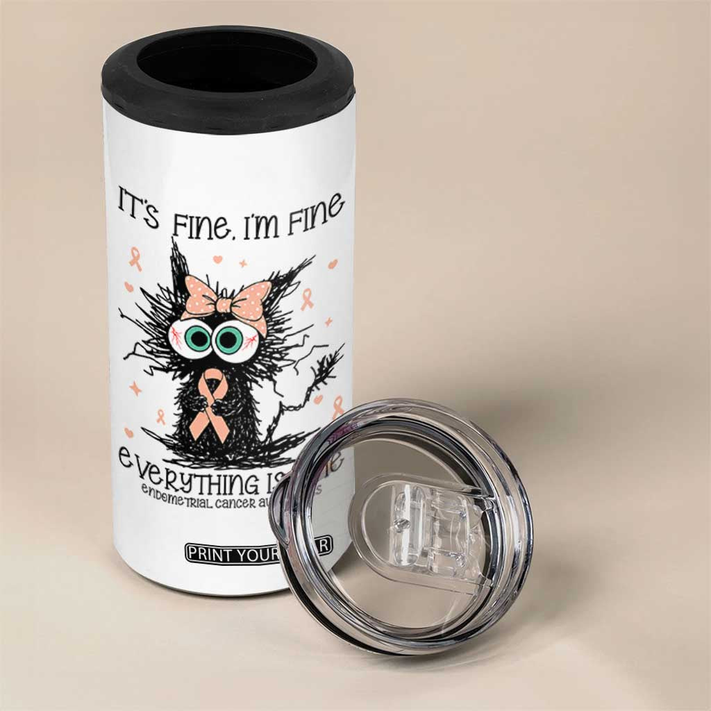 Funny Black Cat Endometrial Cancer Awareness 4 in 1 Can Cooler Tumbler Its Fine Im Fine Everything Is Fine