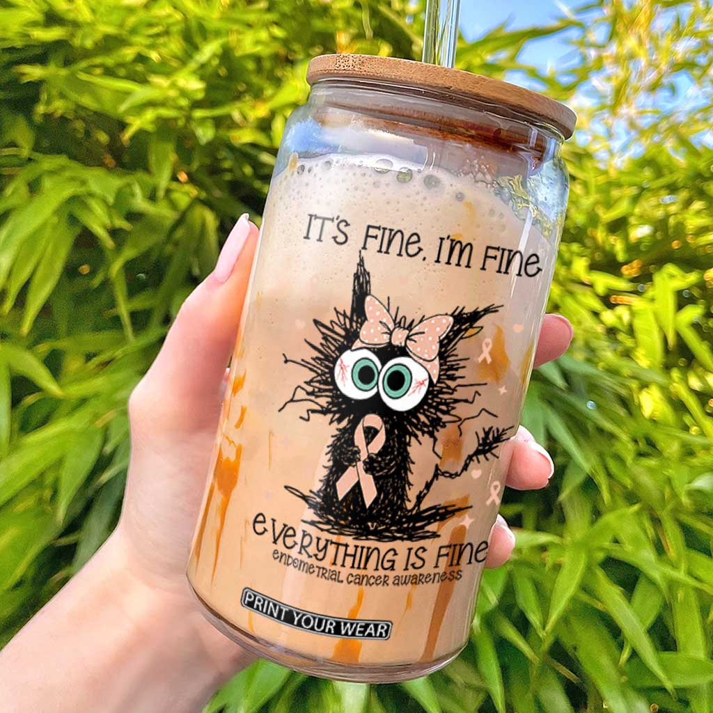 Funny Black Cat Endometrial Cancer Awareness Glass Can Its Fine Im Fine Everything Is Fine