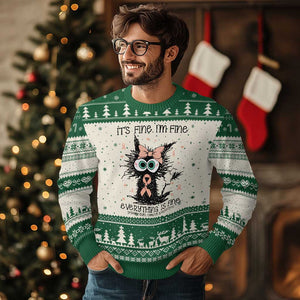 Funny Black Cat Endometrial Cancer Awareness Ugly Christmas Sweater Its Fine Im Fine Everything Is Fine