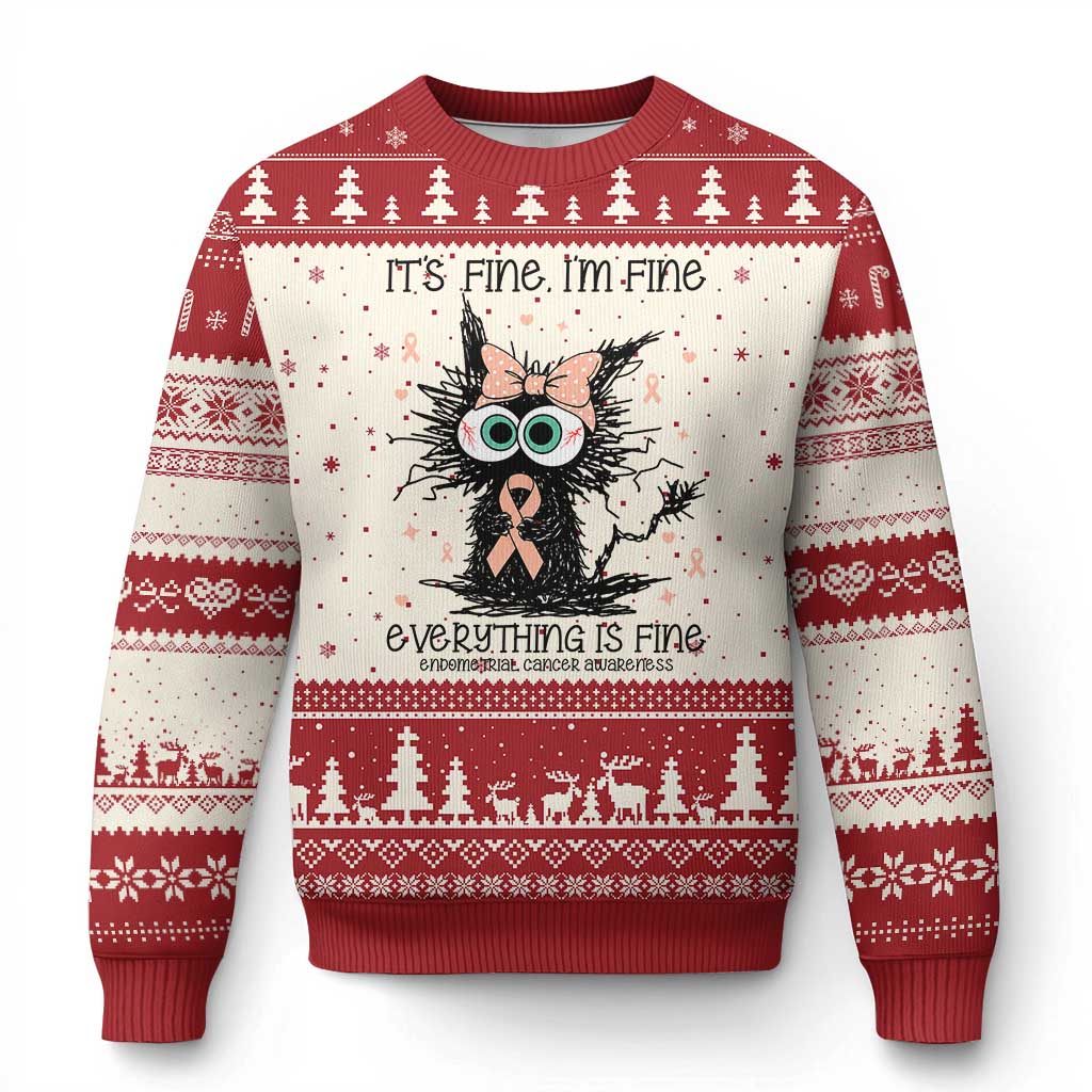 Funny Black Cat Endometrial Cancer Awareness Ugly Christmas Sweater Its Fine Im Fine Everything Is Fine TS12 Beige Red Print Your Wear