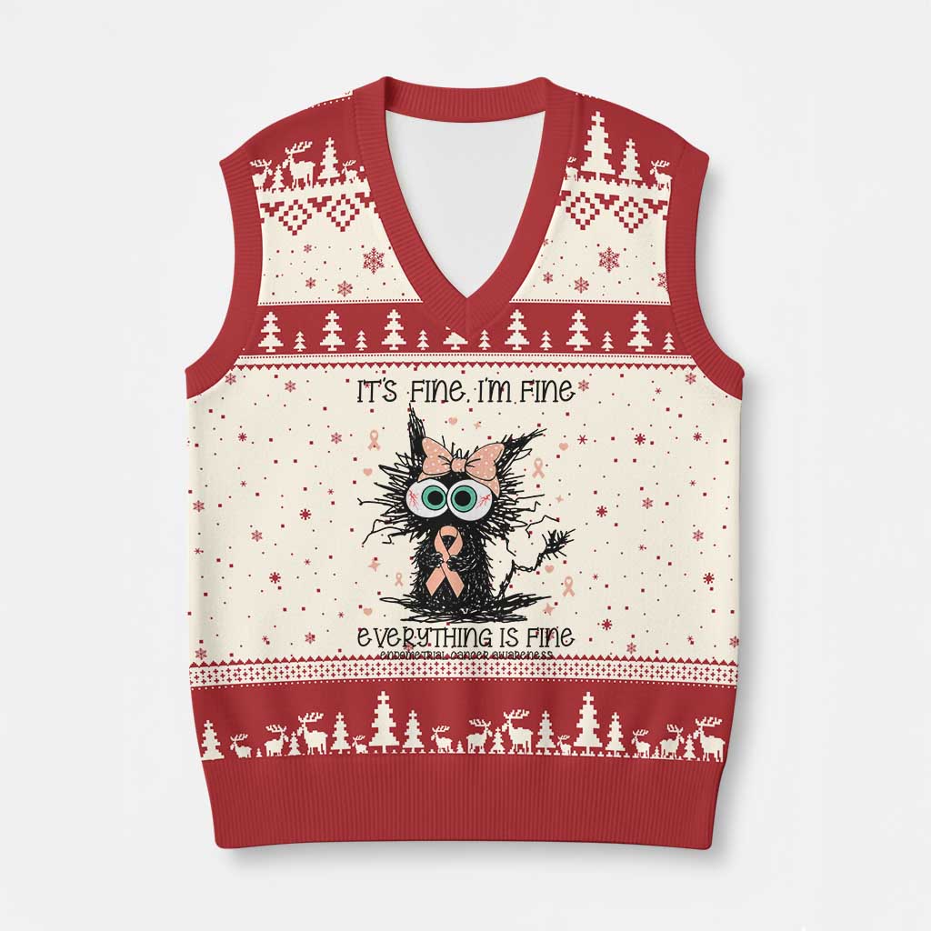 Funny Black Cat Endometrial Cancer Awareness V-Neck Knit Sweater Vest Its Fine Im Fine Everything Is Fine TS12 Beige Red Print Your Wear
